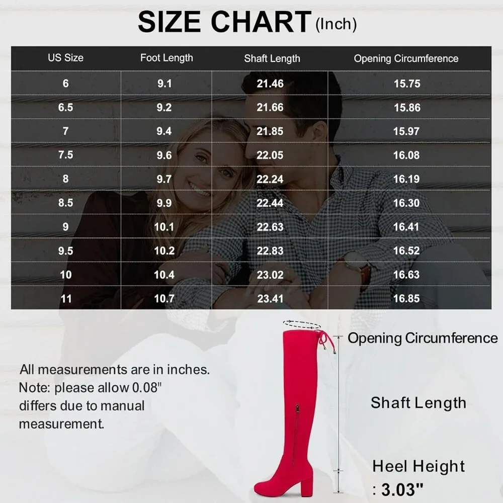Women's Red Suede Chunky Heels Zipper Over The Knee High Adjustable Opening Boot